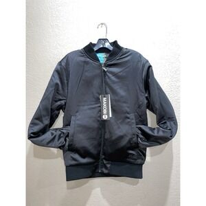 Makobi Reversible Baroque Bomber Jacket 6XB Black Blue Gold Chain Print NWT